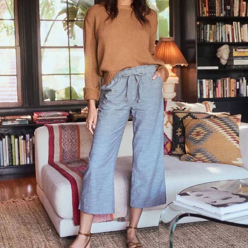 Pact Sunday Wide Leg Pants Size Large Blue Organic Cotton Chambray Cropped